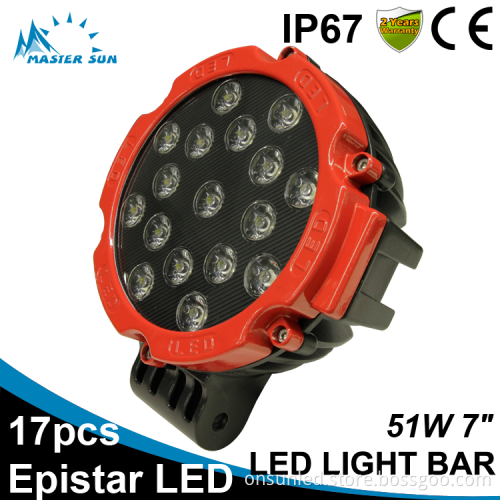 Waterproof Red 7inch 51w led tractor work light car led light bar off road led light bar